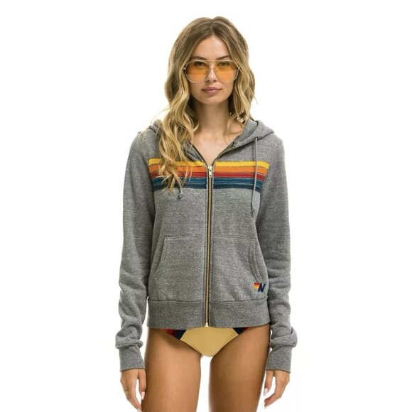 Aviator Nation Tops - NWOT AVIATOR NATION Full Zip 5 Stripe Hoodie HEATHER GREY Size Large MSRP $189